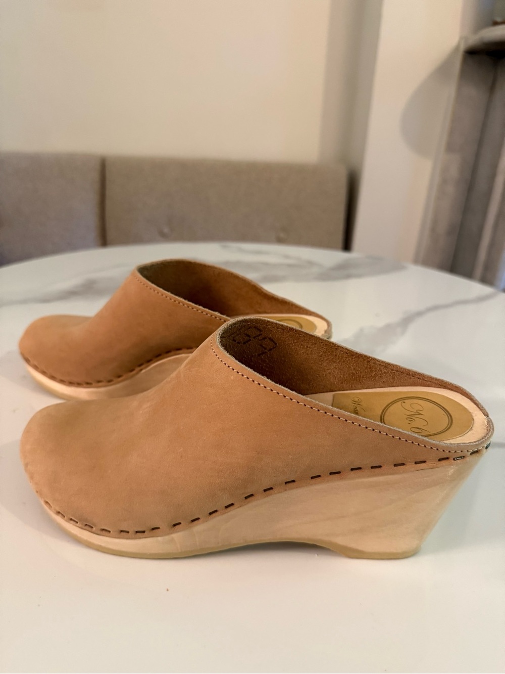 No. 6 Tan Suede Wedge Clog Mules